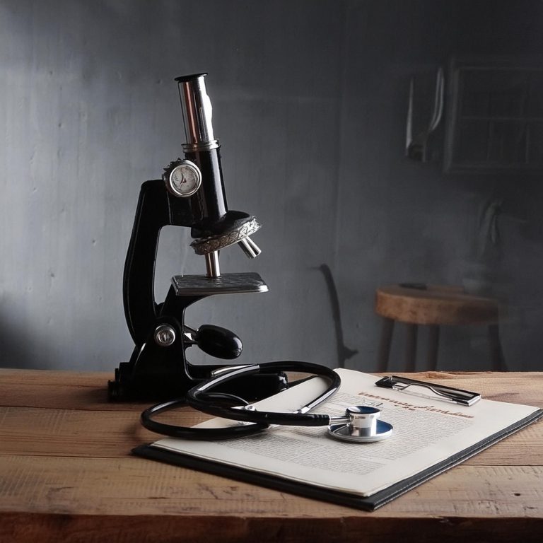 microscope, stethoscope, and report